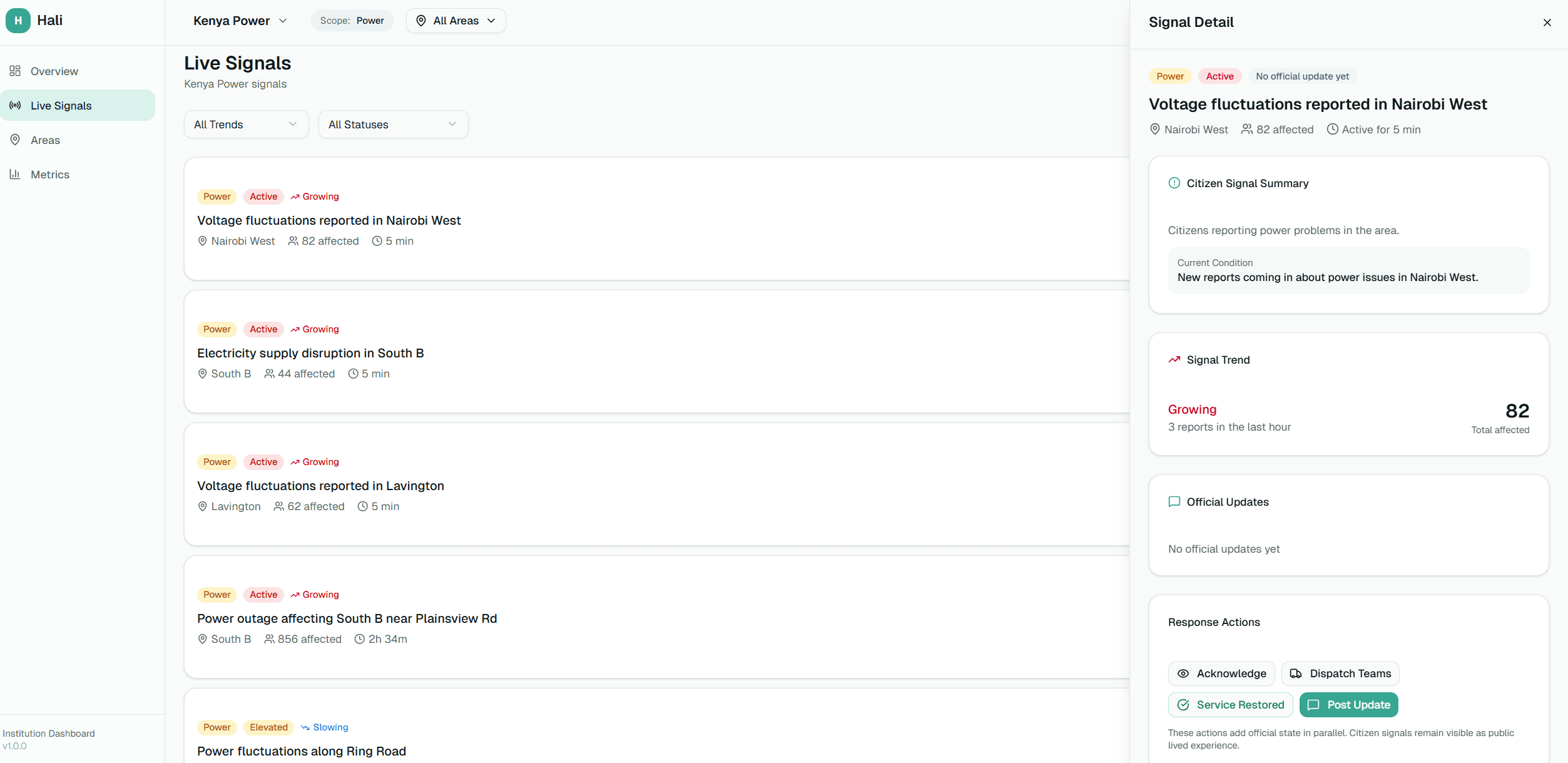 Institution dashboard showing official update workflow displayed alongside citizen signals